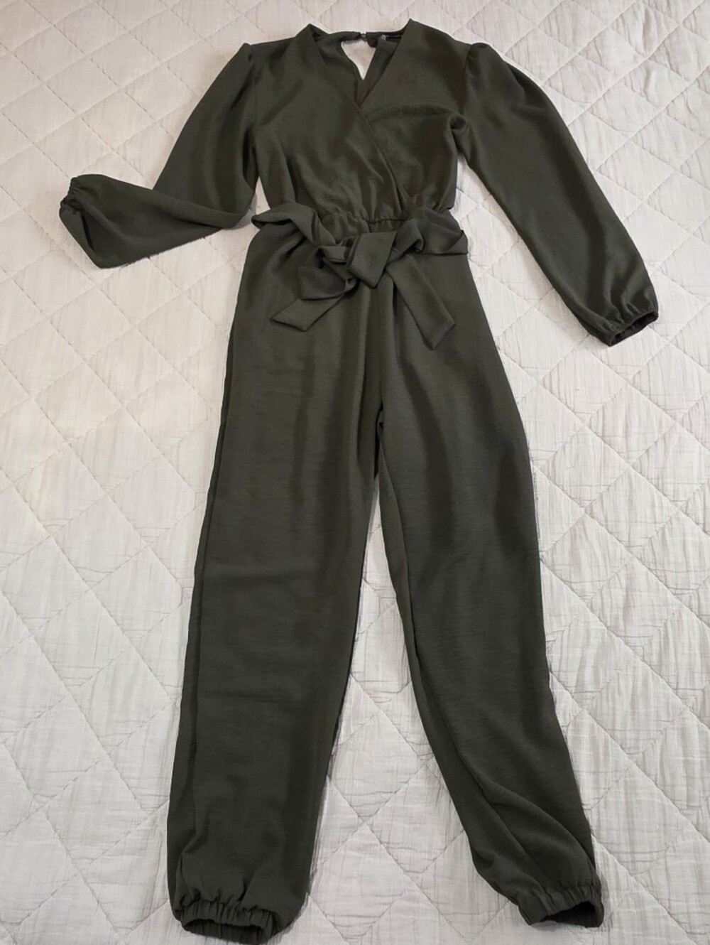 Tie-Waist Olive Green Long-Sleeve Jumpsuit